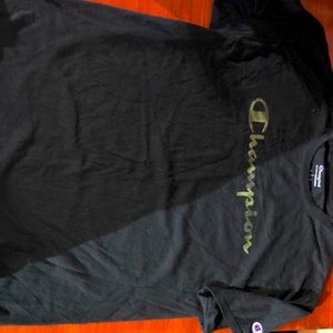 Mens Large champion shirt with camo blocked lettering